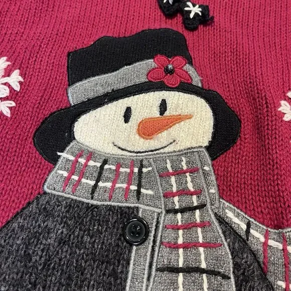 Mandal Bay Snowman Sweater Women’s Large Beaded Embroidered Snowman Mittens Zip - Picture 4 of 16